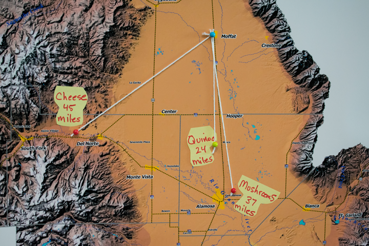 San Luis Valley map shows the distances of each Harvest of the Month sample from its respective farm.